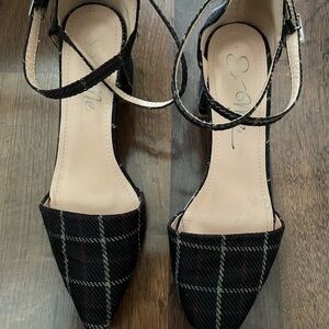 Plaid Pointed-Toe Ankle-Strap Heels - Black Plaid